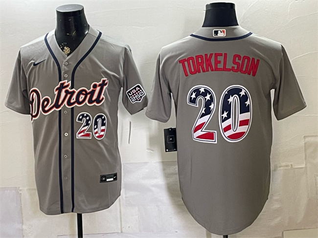 Men's Detroit Tigers #20 Spencer Torkelson Grey 2026 USA 250 Fourth of July Stitched Baseball Jersey